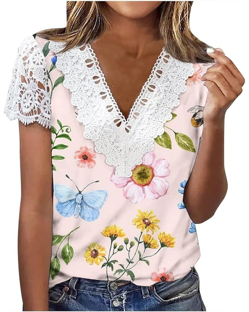 Cute Blouses for Women Trendy Guipure Lace Trim Tunic Top Short Sleeve Crochet Floral Tops Dressy Casual T-Shirt Loose 3 Pink...