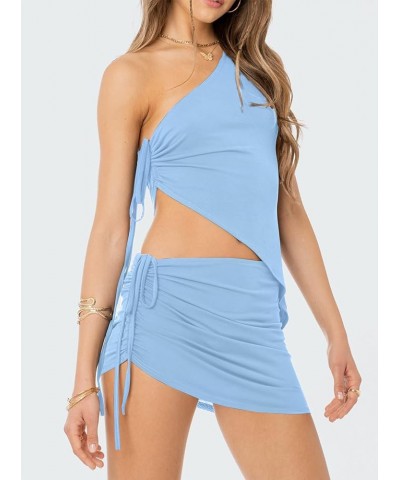 Women's 2 Pieces Outfits One Shoulder Asymmetrical Hem Crop Top and Mini Skirt Set Skyblue $23.77 Suits