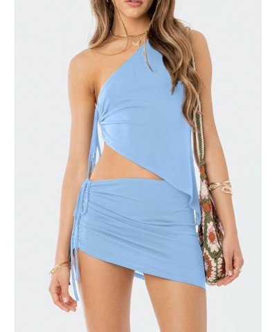 Women's 2 Pieces Outfits One Shoulder Asymmetrical Hem Crop Top and Mini Skirt Set Skyblue $23.77 Suits