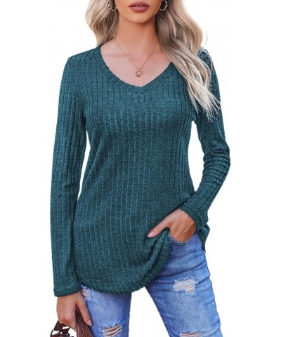 Women's Long Sleeve Shirts V Neck Lightweight Fall Sweaters Casual Tunic Tops Peacock Blue $14.10 Tops