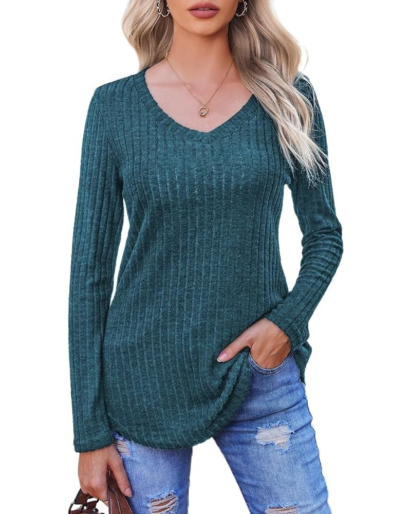 Women's Long Sleeve Shirts V Neck Lightweight Fall Sweaters Casual Tunic Tops Peacock Blue $14.10 Tops