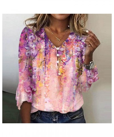 Tops for Women 2024 3/4 Length Sleeve Bell Henley V Neck Basic Tops Printed Graphic Fall Button Up Shirt O07-pink $9.62 Tops