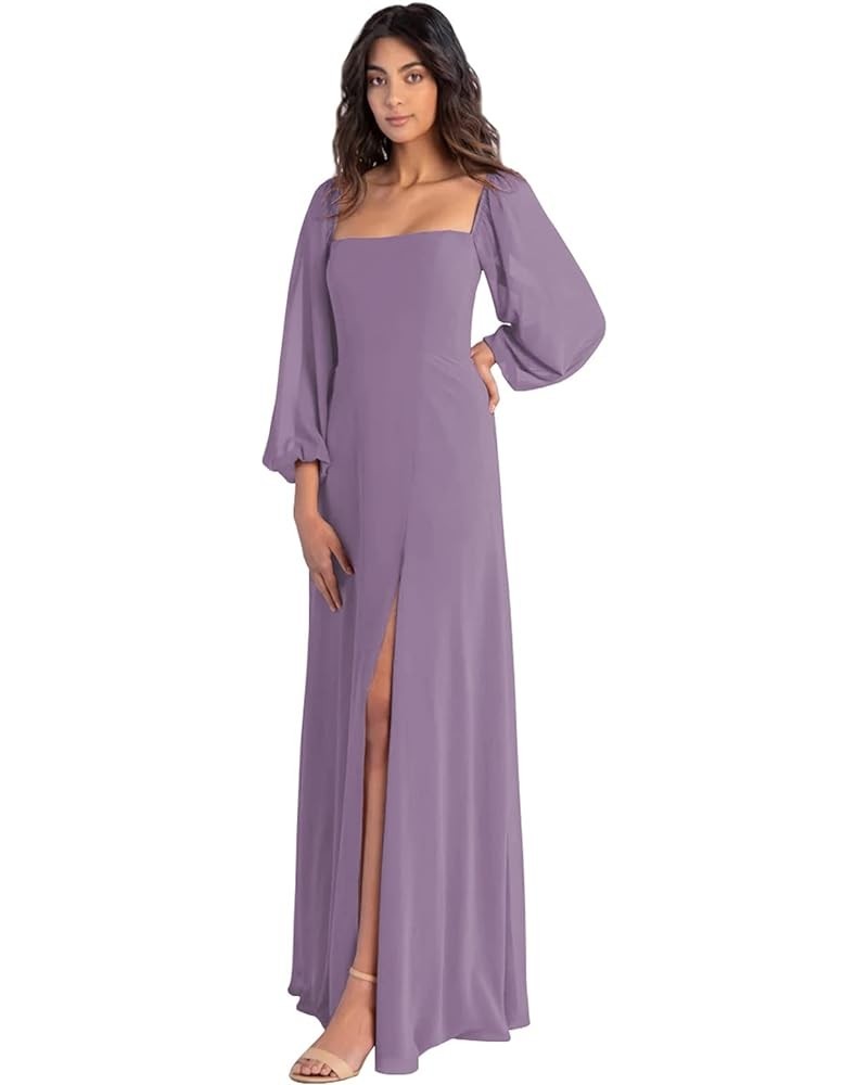 Women's Puffy Long Sleeve Bridesmaid Dresses with Slit A Line Square Neck Formal Prom Evening Gown Wisteria $49.94 Dresses