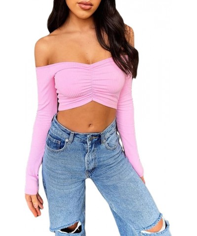 Off Shoulder Tops for Women Long Sleeve Y2K Shirt E-Girls Sexy Slim Fit Backless Streetwear Club Top Ribbed Crop Top Pink $8....