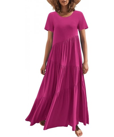 Women’s Summer Casual Loose Maxi Dress Short Sleeve Crewneck Asymmetric Tiered Beach Long Dresses Rose $13.74 Dresses