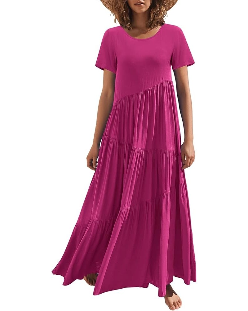 Women’s Summer Casual Loose Maxi Dress Short Sleeve Crewneck Asymmetric Tiered Beach Long Dresses Rose $13.74 Dresses