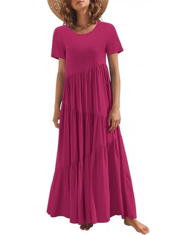 Women’s Summer Casual Loose Maxi Dress Short Sleeve Crewneck Asymmetric Tiered Beach Long Dresses Rose $13.74 Dresses