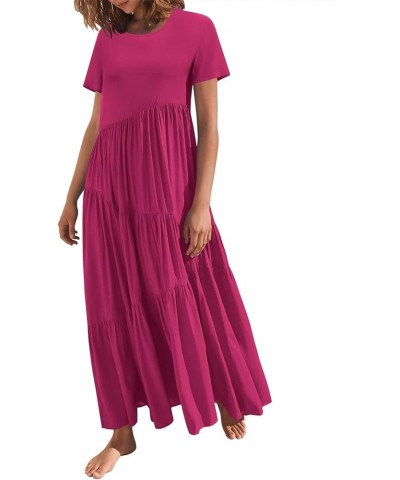 Women’s Summer Casual Loose Maxi Dress Short Sleeve Crewneck Asymmetric Tiered Beach Long Dresses Rose $13.74 Dresses