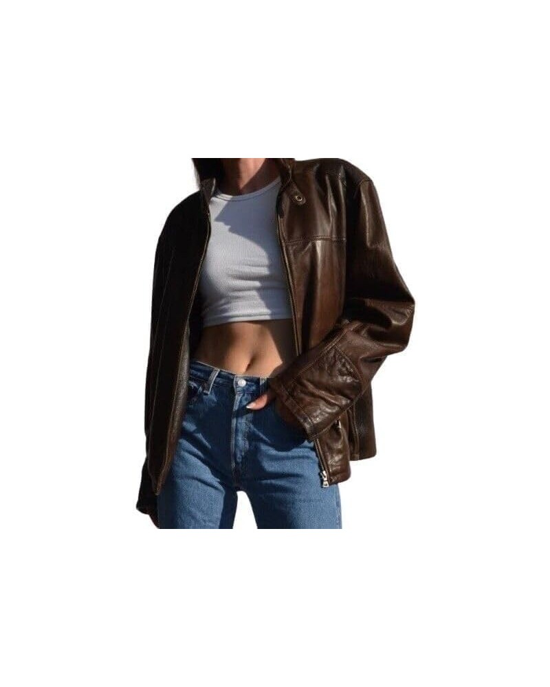 Women 80's 90's Brown Lambskin Leather I Women Brown Oversize Casual Leather Jacket Brown $52.89 Coats