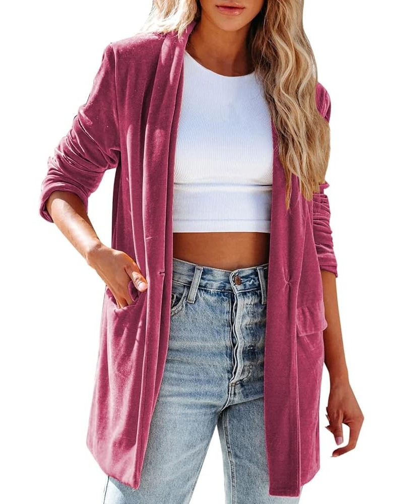 Women's Long Velvet Cardigan Long Sleeve Vintage Open Front Outerwear Coat Fashion Wild Trench Coat U-hot Pink $17.39 Sweaters