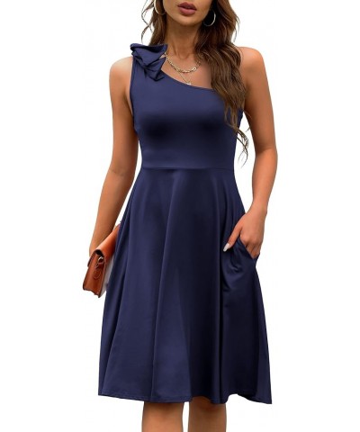 Women's Bow One Shoulder Dresses with Pockets Cocktail Wedding Guest Dress Navy Blue $12.23 Dresses