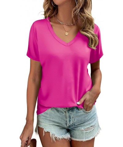 Women's Tops V Neck T Shirts Short Sleeve Tee Solid Color Summer Casual Tunic Tops Blouse Rose Pink $11.99 T-Shirts