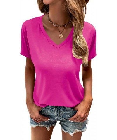 Women's Tops V Neck T Shirts Short Sleeve Tee Solid Color Summer Casual Tunic Tops Blouse Rose Pink $11.99 T-Shirts