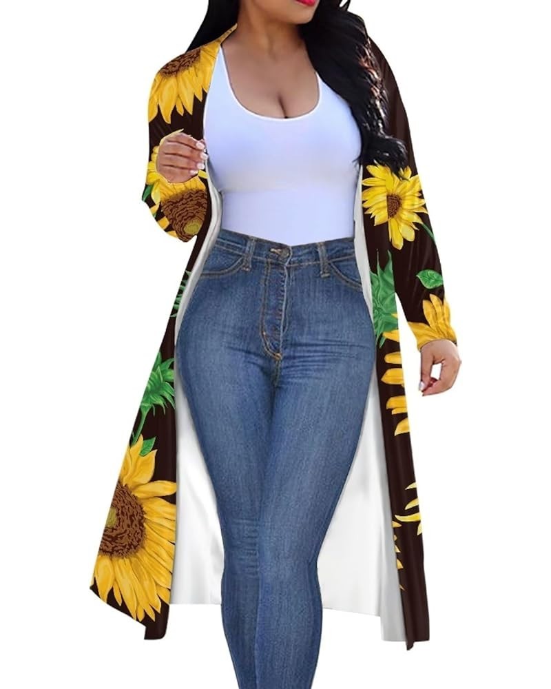 Women Plus Size Long Sleeve Cardigan, All-Season Polyester Cloak, Ladies Loose Casual Resort Wear Blouse Sunflowers Painting ...