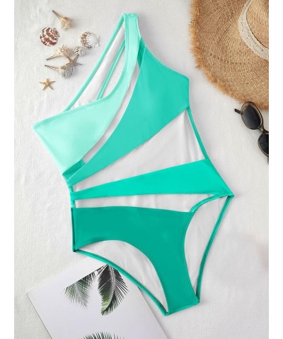 Women's Colorblock Cut Out One Piece Swimsuit Tummy Control One Shoulder High Waist Bathing Suit Green $26.39 Swimsuits