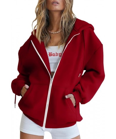 Women's Cute Hoodies Girl Fall Jacket Oversized Sweatshirts Casual Drawstring Zip Up Y2K Hoodie with Pocket Pullover B2-red $...