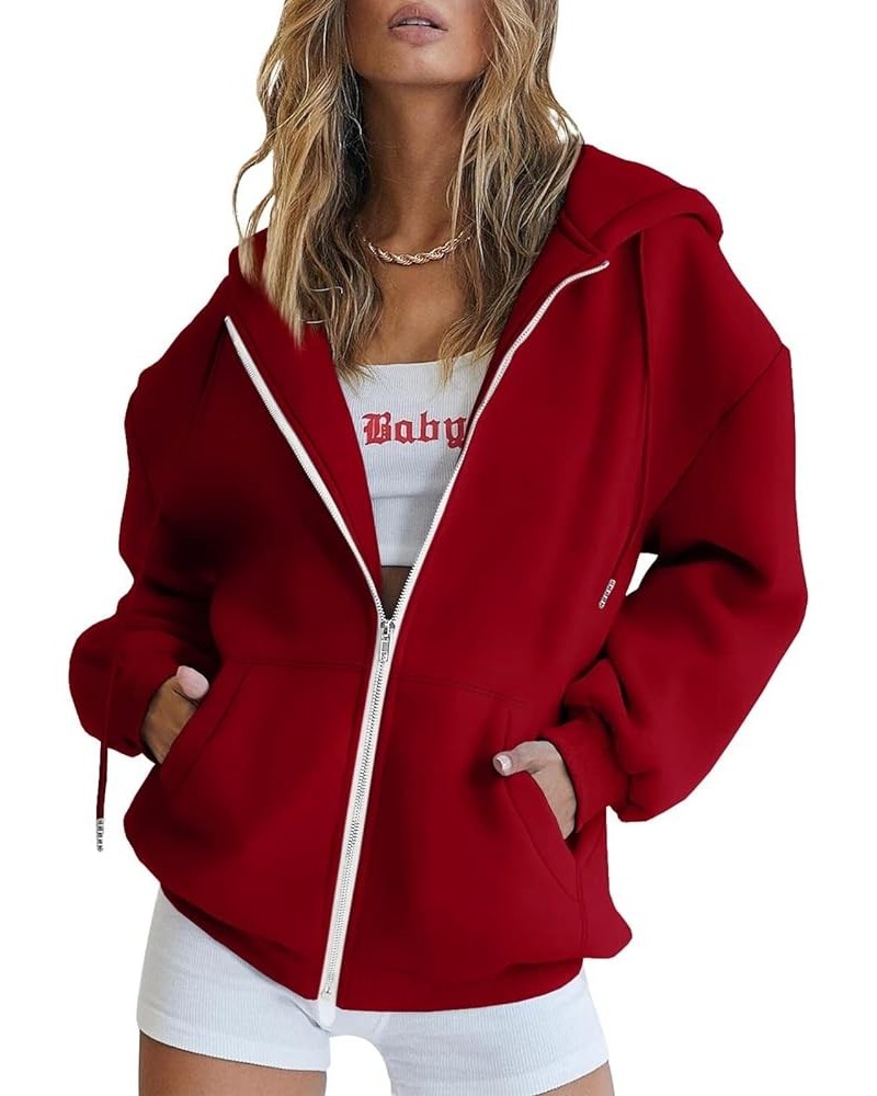 Women's Cute Hoodies Girl Fall Jacket Oversized Sweatshirts Casual Drawstring Zip Up Y2K Hoodie with Pocket Pullover B2-red $...