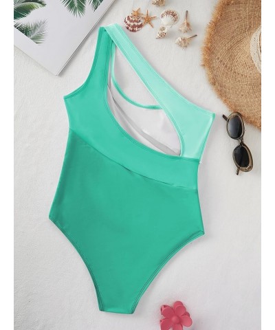 Women's Colorblock Cut Out One Piece Swimsuit Tummy Control One Shoulder High Waist Bathing Suit Green $26.39 Swimsuits