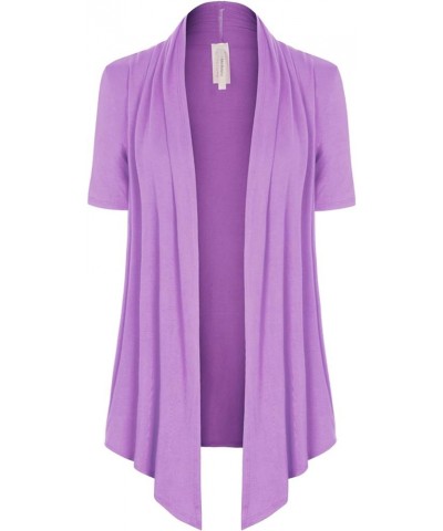 Women's [Made in USA] Solid Jersey Knit Short Sleeve Open Front Draped Cardigan (S-3XL) Lavender $9.95 Sweaters