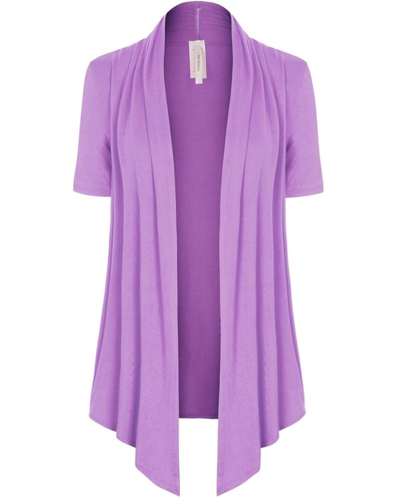 Women's [Made in USA] Solid Jersey Knit Short Sleeve Open Front Draped Cardigan (S-3XL) Lavender $9.95 Sweaters