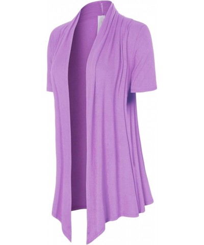 Women's [Made in USA] Solid Jersey Knit Short Sleeve Open Front Draped Cardigan (S-3XL) Lavender $9.95 Sweaters