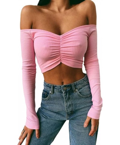 Off Shoulder Tops for Women Long Sleeve Y2K Shirt E-Girls Sexy Slim Fit Backless Streetwear Club Top Ribbed Crop Top Pink $8....