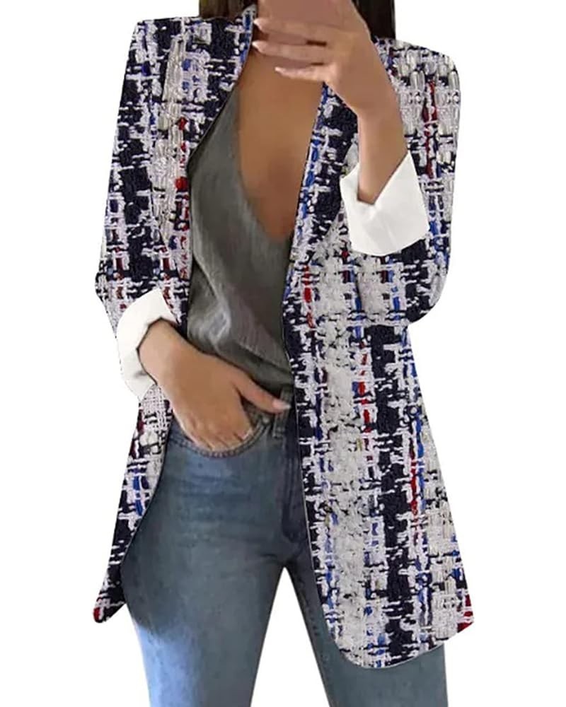 Women's Printed Cardigan Formal Suit Long Sleeve Lapels Business Office Jacket Coat Blouse Warm Coats for Women Grey $9.39 Bl...