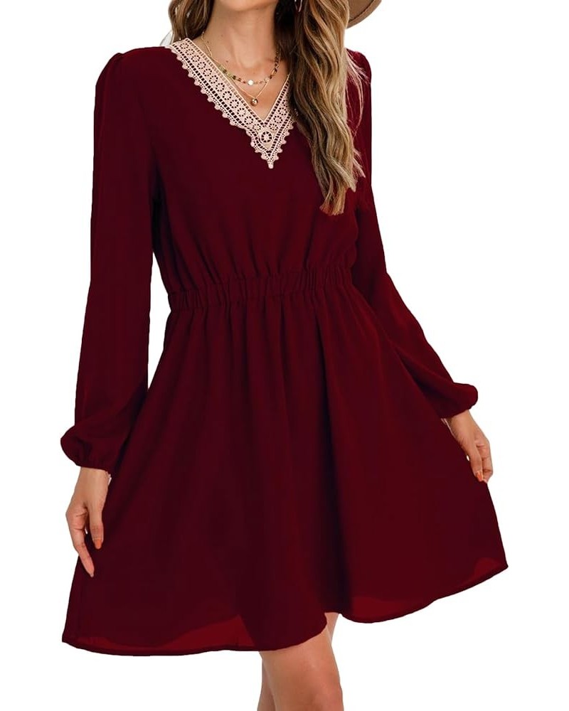 Women's Contrast Lace V Neck Long Sleeve Flowy A Line Mini Short Dress Burgundy $10.06 Dresses