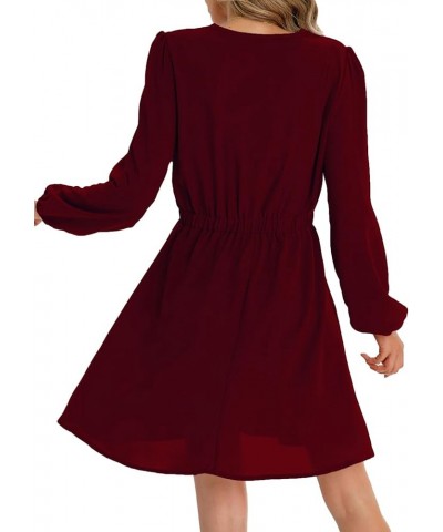 Women's Contrast Lace V Neck Long Sleeve Flowy A Line Mini Short Dress Burgundy $10.06 Dresses