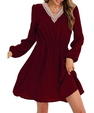 Women's Contrast Lace V Neck Long Sleeve Flowy A Line Mini Short Dress Burgundy $10.06 Dresses