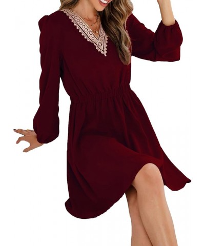 Women's Contrast Lace V Neck Long Sleeve Flowy A Line Mini Short Dress Burgundy $10.06 Dresses