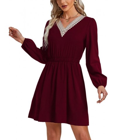 Women's Contrast Lace V Neck Long Sleeve Flowy A Line Mini Short Dress Burgundy $10.06 Dresses