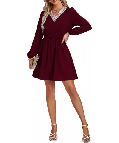 Women's Contrast Lace V Neck Long Sleeve Flowy A Line Mini Short Dress Burgundy $10.06 Dresses