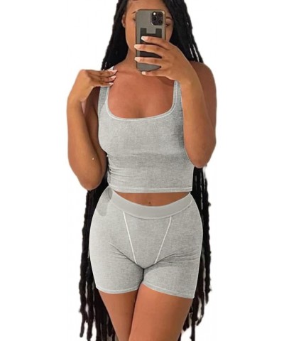 Casual Workout Sets Two Piece Outfits for Women Ribbed Crop Tank Top High Waist Leggings Active Wear Light Heather Grey-short...