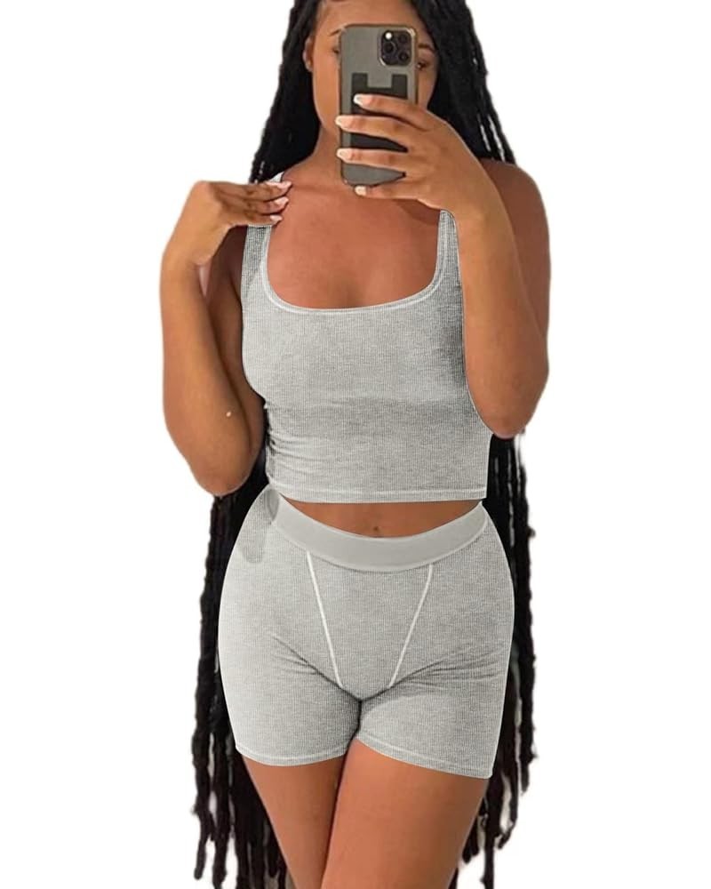 Casual Workout Sets Two Piece Outfits for Women Ribbed Crop Tank Top High Waist Leggings Active Wear Light Heather Grey-short...