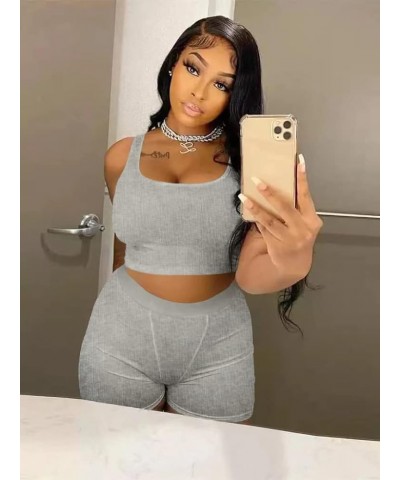 Casual Workout Sets Two Piece Outfits for Women Ribbed Crop Tank Top High Waist Leggings Active Wear Light Heather Grey-short...