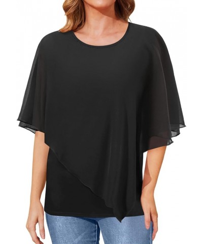 Women's Dressy Casual Top Ruffle Double Layered Solid Chiffon Blouses Shirts for Summer sequinless Black $13.63 Blouses