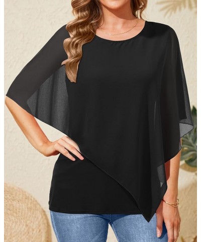 Women's Dressy Casual Top Ruffle Double Layered Solid Chiffon Blouses Shirts for Summer sequinless Black $13.63 Blouses