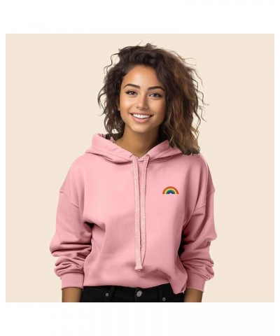 Rainbow Embroidered Fleece Cropped Hoodie Cold Fall Winter Women Pink $28.50 Jackets