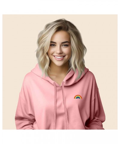 Rainbow Embroidered Fleece Cropped Hoodie Cold Fall Winter Women Pink $28.50 Jackets