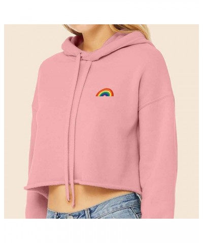 Rainbow Embroidered Fleece Cropped Hoodie Cold Fall Winter Women Pink $28.50 Jackets