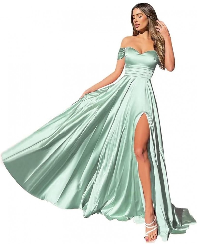 Off Shoulder Prom Dresses with Slit Long Silk Satin Formal Dresses for Women A-Line Pleated Party Gowns YJY79 Mint $38.73 Dre...