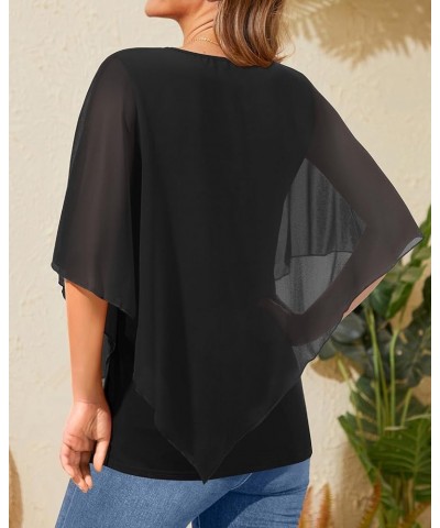 Women's Dressy Casual Top Ruffle Double Layered Solid Chiffon Blouses Shirts for Summer sequinless Black $13.63 Blouses