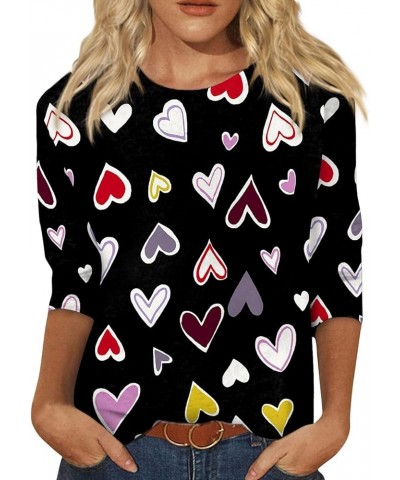 Valentine's Day Women's Tops Crewneck Casual 3/4 Length Sleeve Tshirt Love Heart Printed Loose Fit Blouse Tops 05-multicolor ...