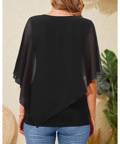 Women's Dressy Casual Top Ruffle Double Layered Solid Chiffon Blouses Shirts for Summer sequinless Black $13.63 Blouses