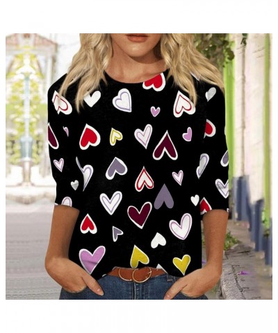 Valentine's Day Women's Tops Crewneck Casual 3/4 Length Sleeve Tshirt Love Heart Printed Loose Fit Blouse Tops 05-multicolor ...