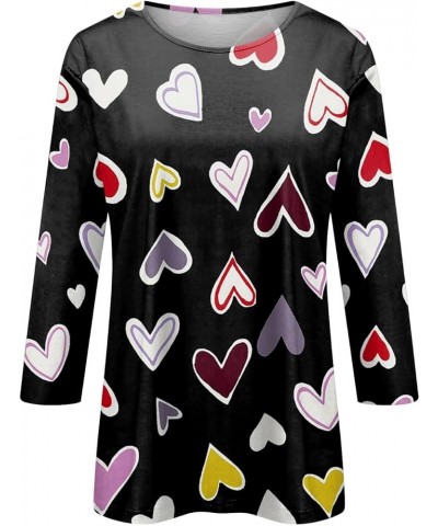 Valentine's Day Women's Tops Crewneck Casual 3/4 Length Sleeve Tshirt Love Heart Printed Loose Fit Blouse Tops 05-multicolor ...