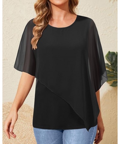 Women's Dressy Casual Top Ruffle Double Layered Solid Chiffon Blouses Shirts for Summer sequinless Black $13.63 Blouses