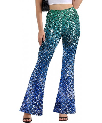 Bell Bottom Leggings Mermaid Print High Waisted Yoga Pants Plus Size Green Blue $11.00 Leggings