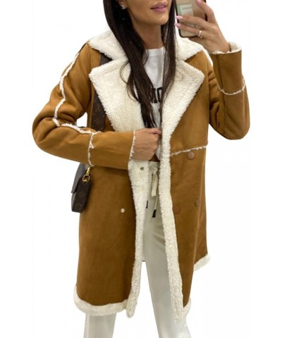 Women's Winter Sherpa Fleece Spliced Notch Lapel Double Breasted Faux Suede Leather Jacket Trench Coat Camel Brown $24.15 Coats